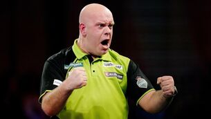 <p>MVP FORM: Michael van Gerwen celebrates during their quarter final match against Callan Rydz (not pictured) on day fourteen of the Paddy Power World Darts Championship at Alexandra Palace, London. Pic: Zac Goodwin/PA Wire</p>